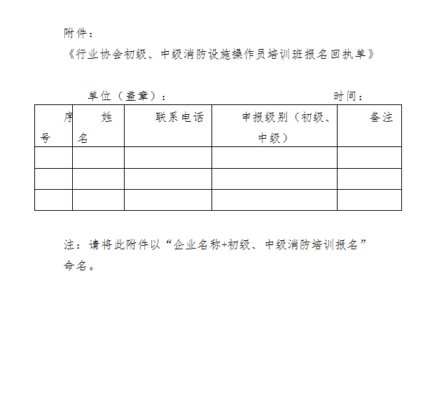 附件下载：《行业协会初级、中级消防设施操作员培训班报名回执单》.docx